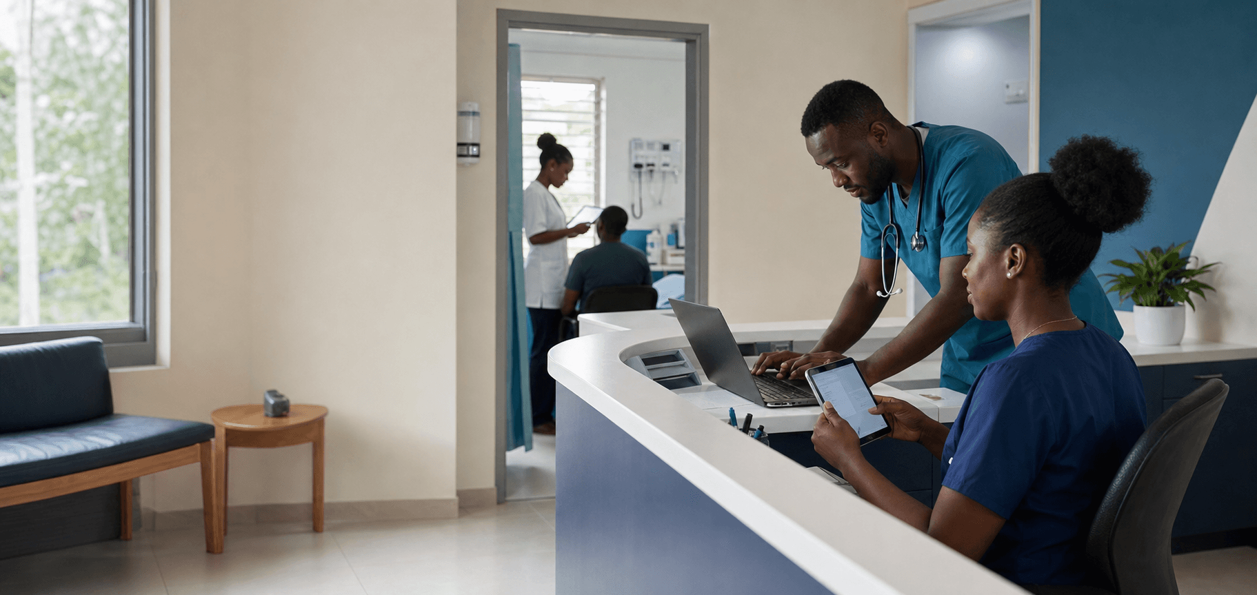 Healthcare staff in a clinic coordinating care with a laptop and tablet.