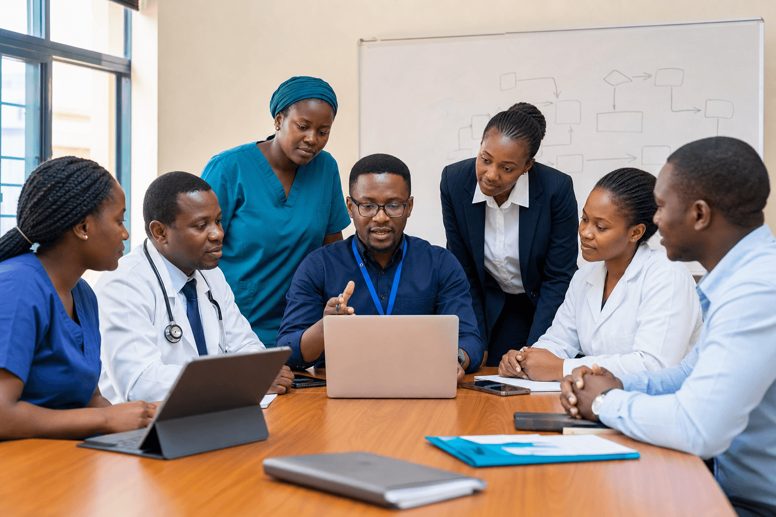 Clinic team in an implementation workshop around a laptop.
